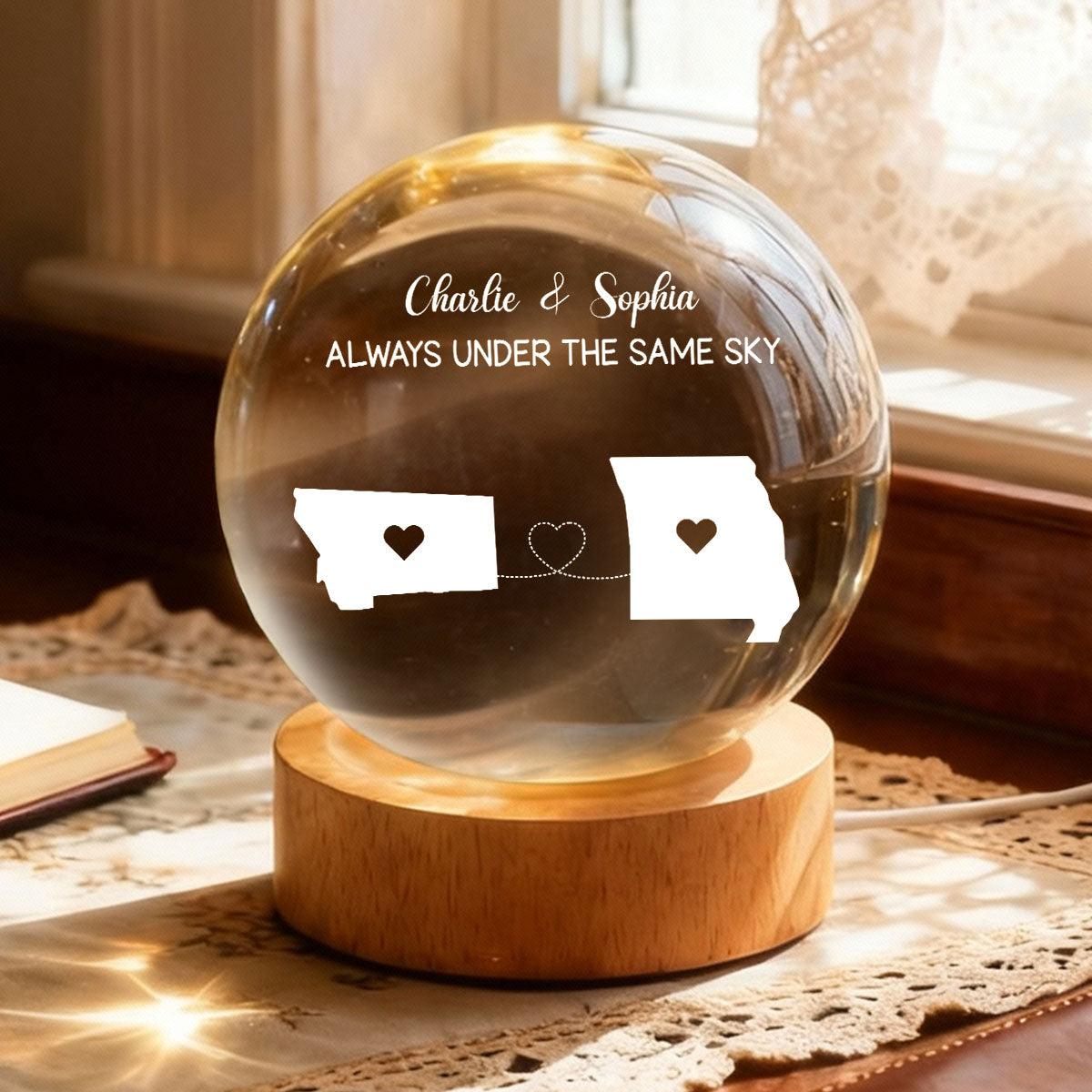 Long Distance Couple State Maps - Personalized Crystal Ball LED Night Light - Anniversary, Valentine's Day Gift, Gift For Him, Gift For Her