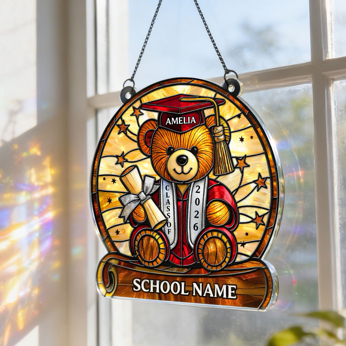 Graduation Teddy Bear With Diploma And Cap - Personalized Suncatcher - Gift For Senior