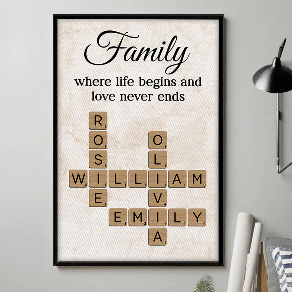 Family Where Life Begins and Love Never Ends Crossword - Personalised Poster - Sentimental Gift for Loved Ones