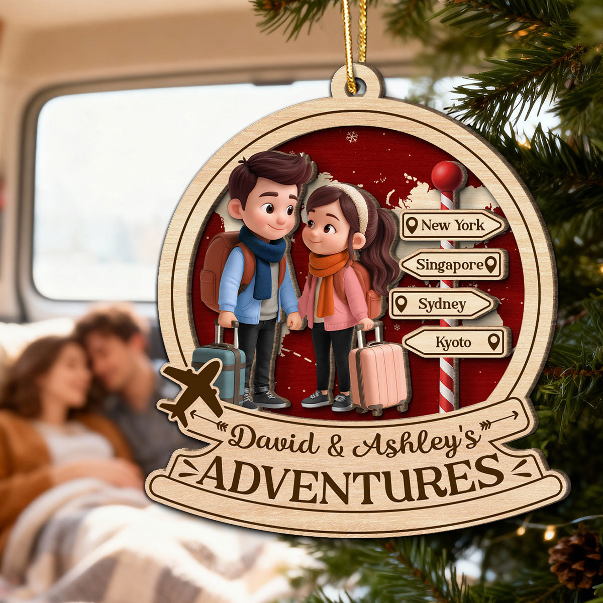 Travel Destination Ornament For Adventure Couple - Personalized Wooden Ornament - Christmas Gift For Him, For Her