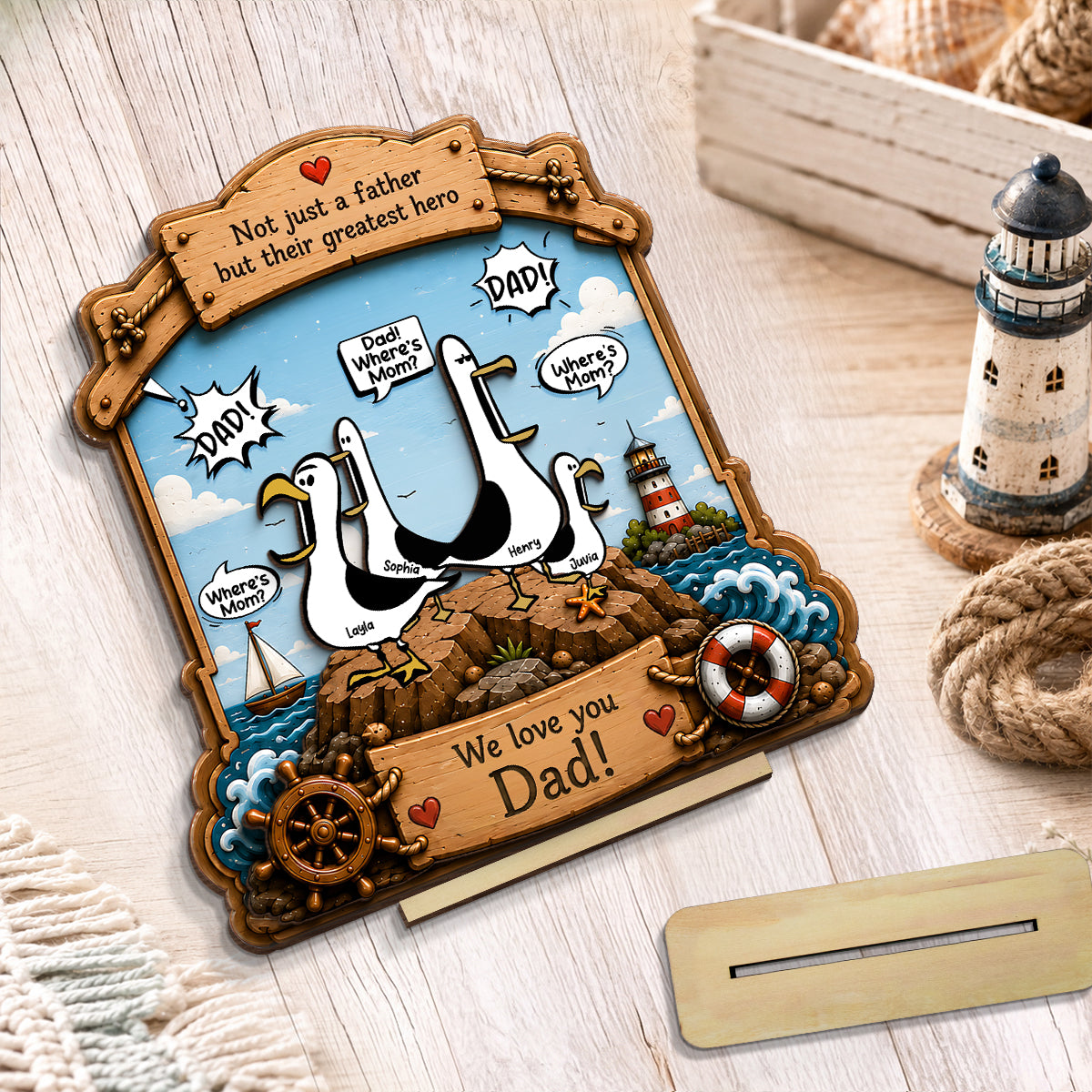 Funny Seagull Daddy Where's Mom - Personalized 2-Layered Wooden Plaque - Funny Gift For Dad, Husband