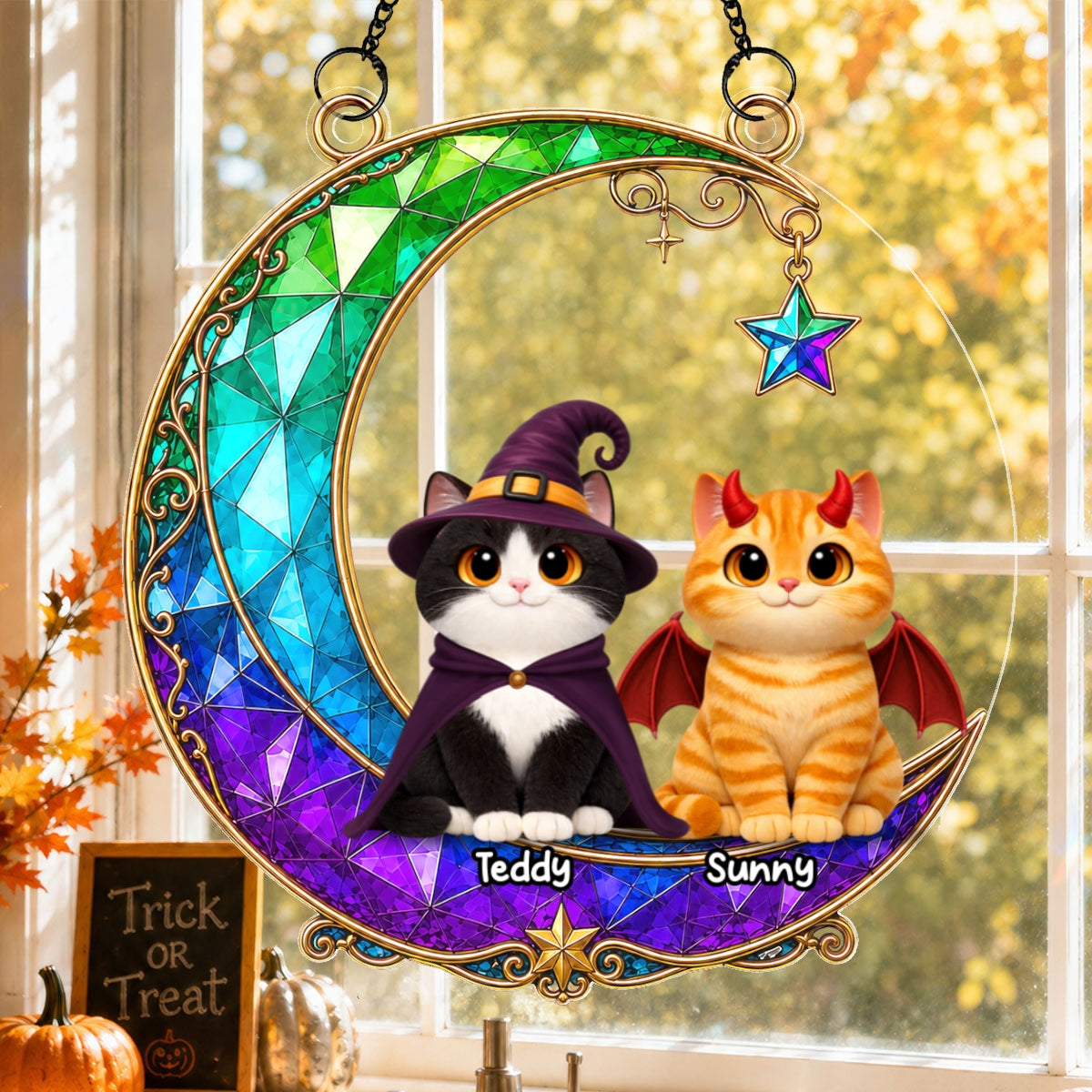 Magical Cat Moonlight - Personalized Acrylic Window Hanging - Halloween Decoration For Cat Mom
