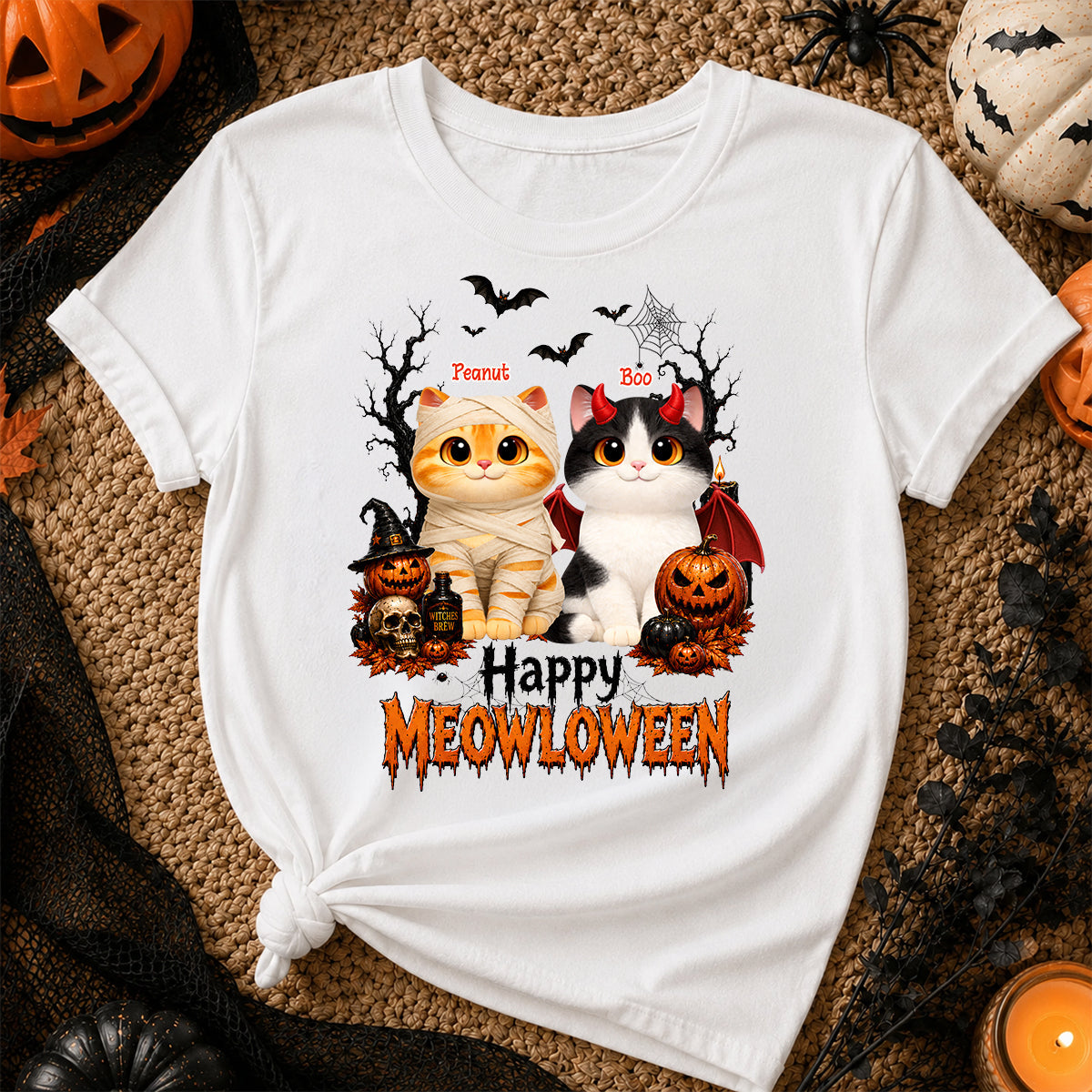 Happy Meowloween - Personalized Shirt - Trendy Halloween Tee for Cat Moms, Cat Lovers
