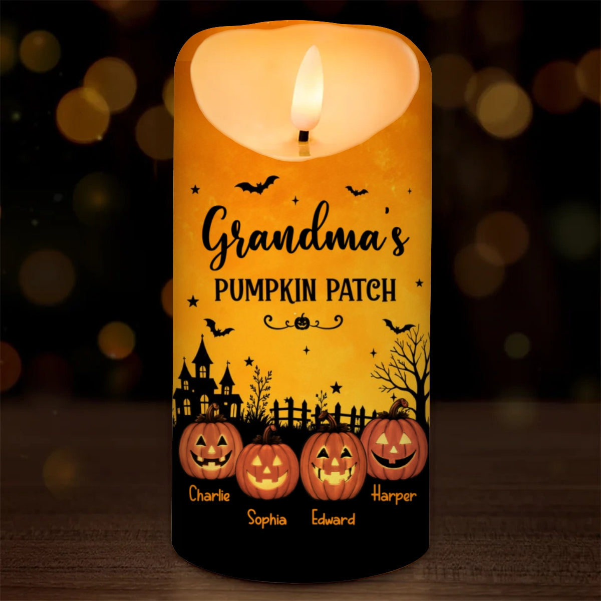 Grandma's Pumpkin Patch Jack-o'-lantern Pumpkins - Personalized LED Candle - Perfect Halloween Decor For Grandma