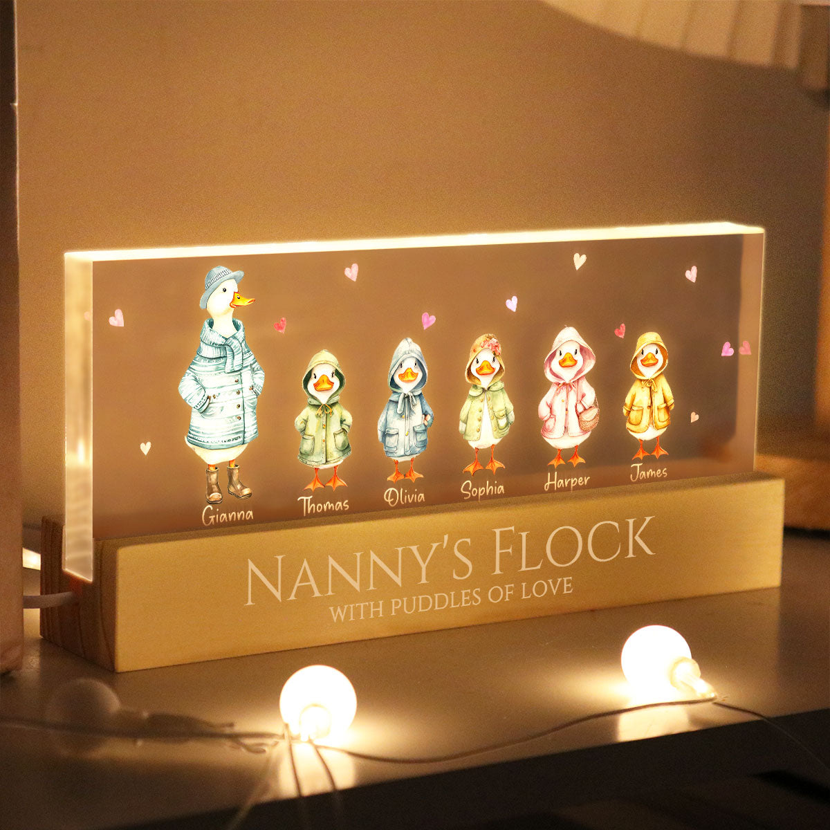 Nanny's Flock Gift For Grandma Nana Grammy Cute Watercolor Ducks - Personalised Acrylic Block LED Night Light - Mother's Day Gift