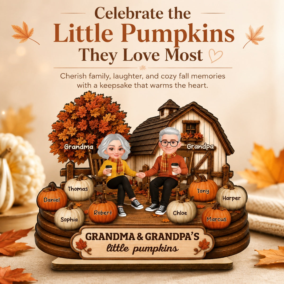 Fall Season Cozy Warm Farmhouse Style Grandma Grandpa Little Pumpkins - Personalized 2-Layered Wooden Plaque - Fall Decor For Grandparents