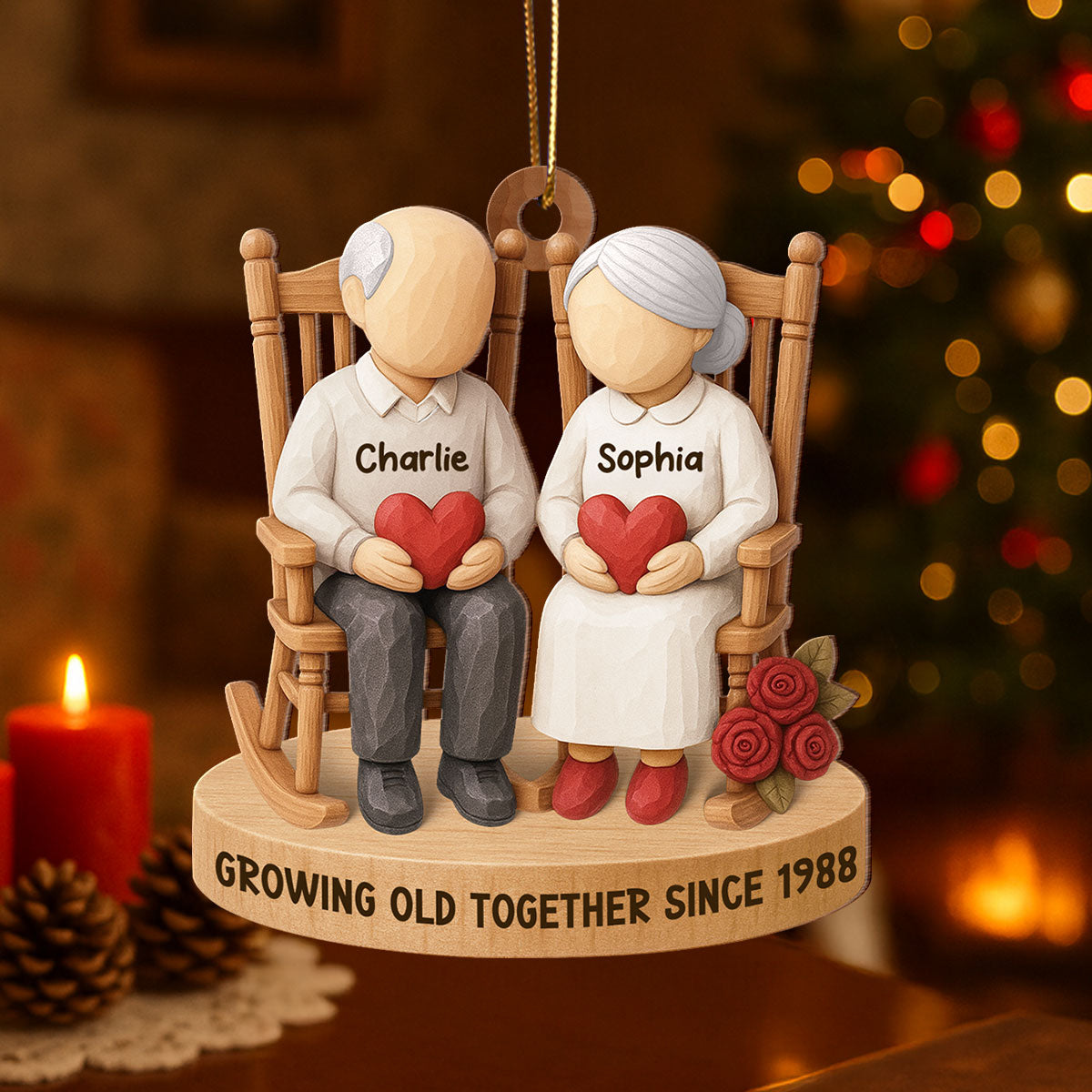 Old Couple Sitting on Chair - Personalized Wooden Ornament - Christmas Gift for him, Gift for her