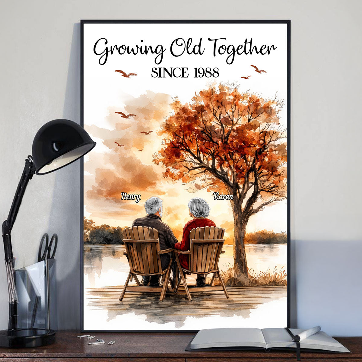 Romantic Old Couple At Park Bench - Personalized Poster - Anniversary, Valentine's Day Gift, Gift For Her, Gift For Him