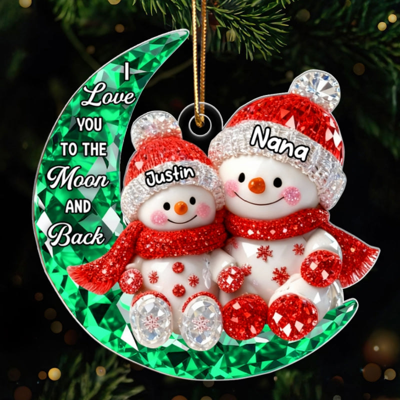 3D Crystal Effect Snowman Grandma Grandkid on Moon - Personalized Acrylic Ornament - Christmas Gift for Grandma, Grandkids