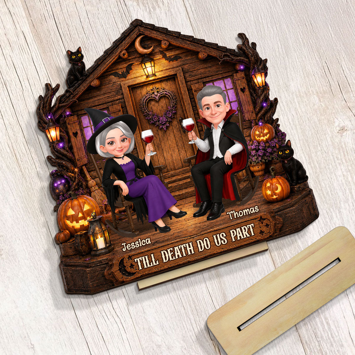 Spooky Halloween Haunted Cabin House Couple - Personalized 2-Layered Wooden Plaque - Halloween Decoration For Couple