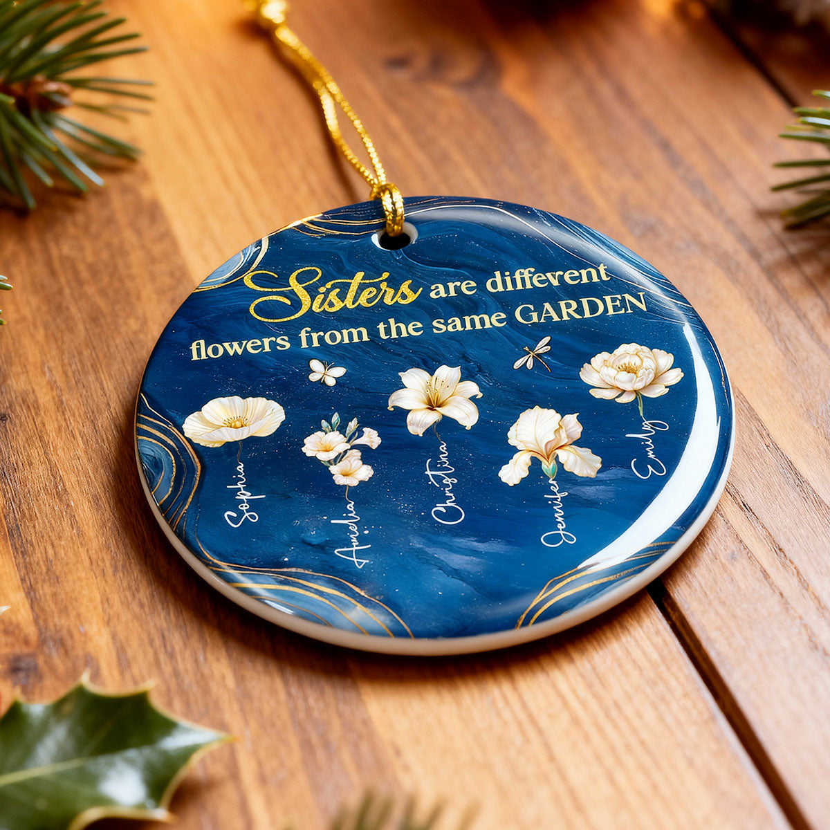 3D Effect Birth Flowers Sisters From The Same Garden - Personalized Ceramic Ornament - Christmas Gift For Sisters