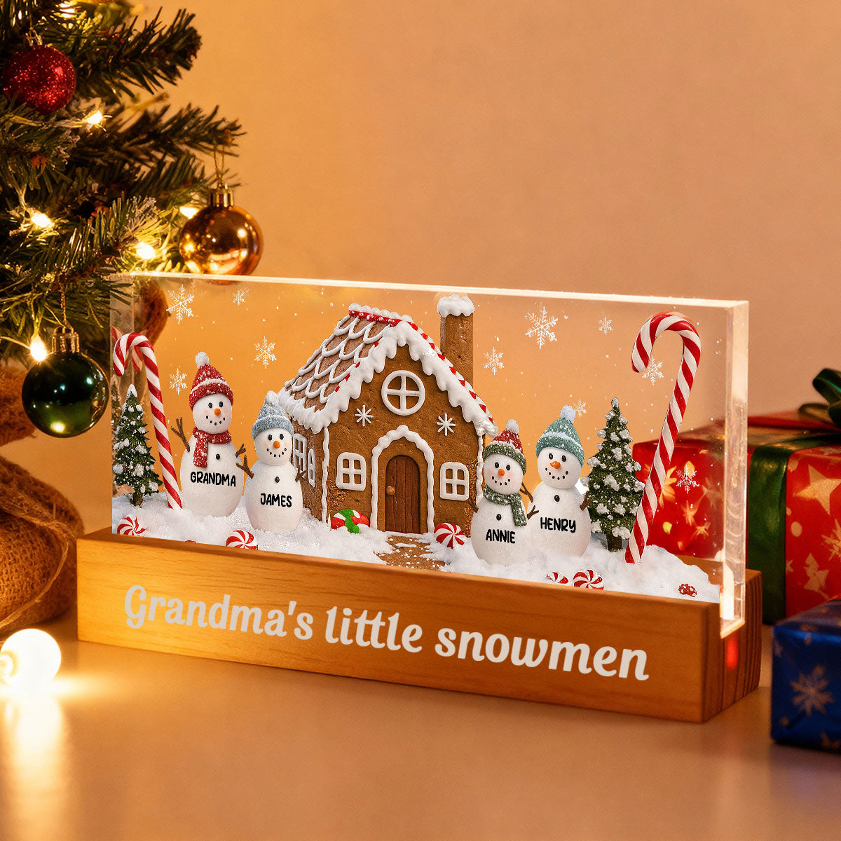 3D Effect Grandma's Little Snowmen In Snow - Personalized Acrylic Block LED Night Light - Christmas Decor For Grandma, Family