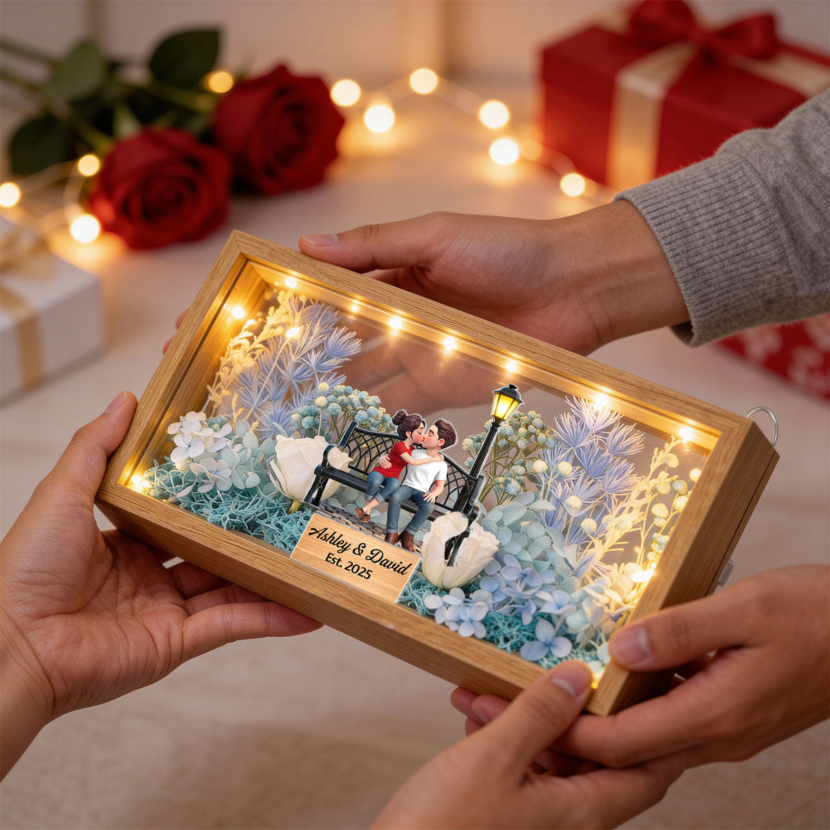 Eternal Love Couple Sitting Kissing - Personalized DIY Flower Shadow Box LED Night Light - Gift For Couple, For Him, For Her