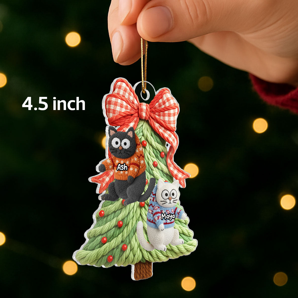 Cat Hanging on Christmas Tree Latch Hook Yarn Faux - Personalized Acrylic Ornament - Christmas Gift for Cat Lovers