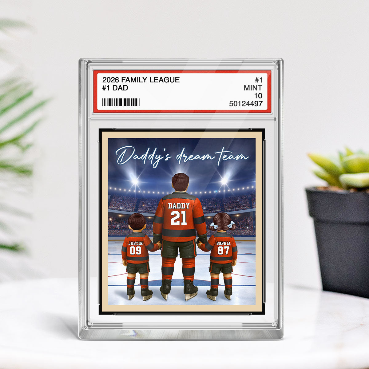 Daddy's Dream Team Hockey Trading Card Style - Personalized Acrylic Block Plaque - Heartfelt Gift For Hockey Dad, Gift For Husband