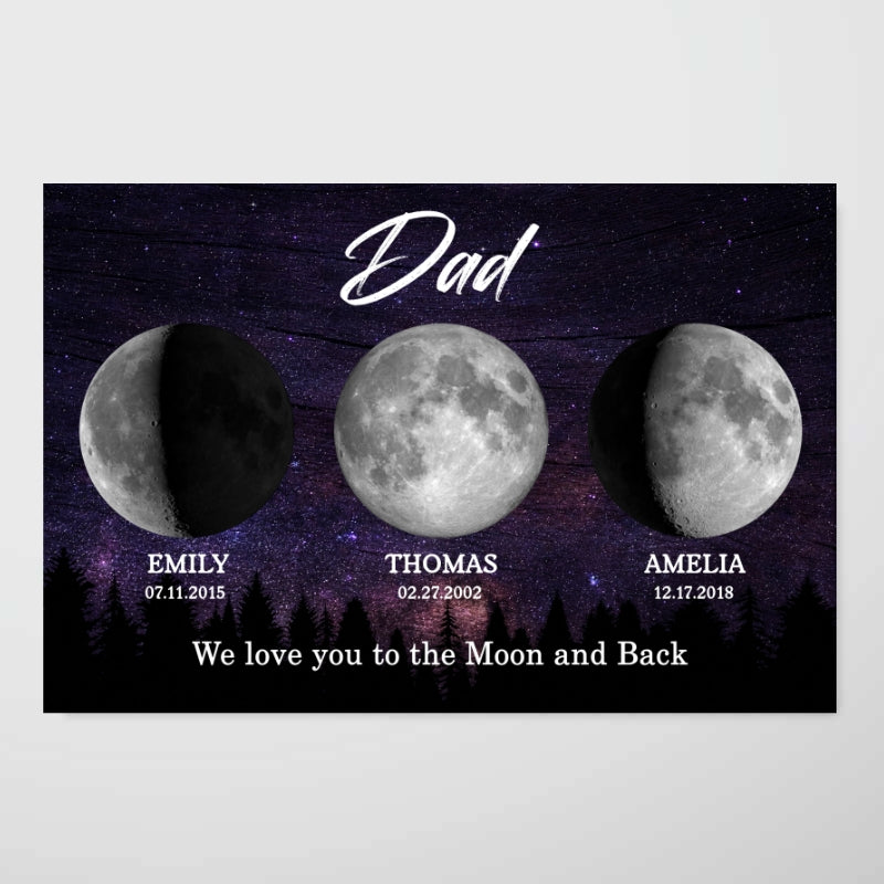 Dad We Love You to the Moon and Back, Custom Moon Phase by Date - Personalized Poster - Father's Day Gift for Dad, Husband