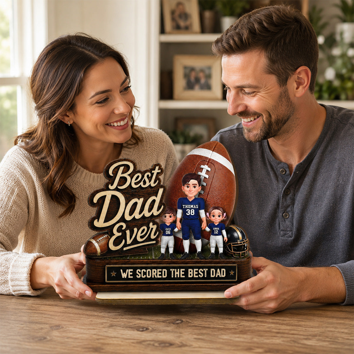 We Scored The Best Dad American Football Dad & Kids - Personalized 2-Layered Wooden Plaque -  Gift For American Football Dad