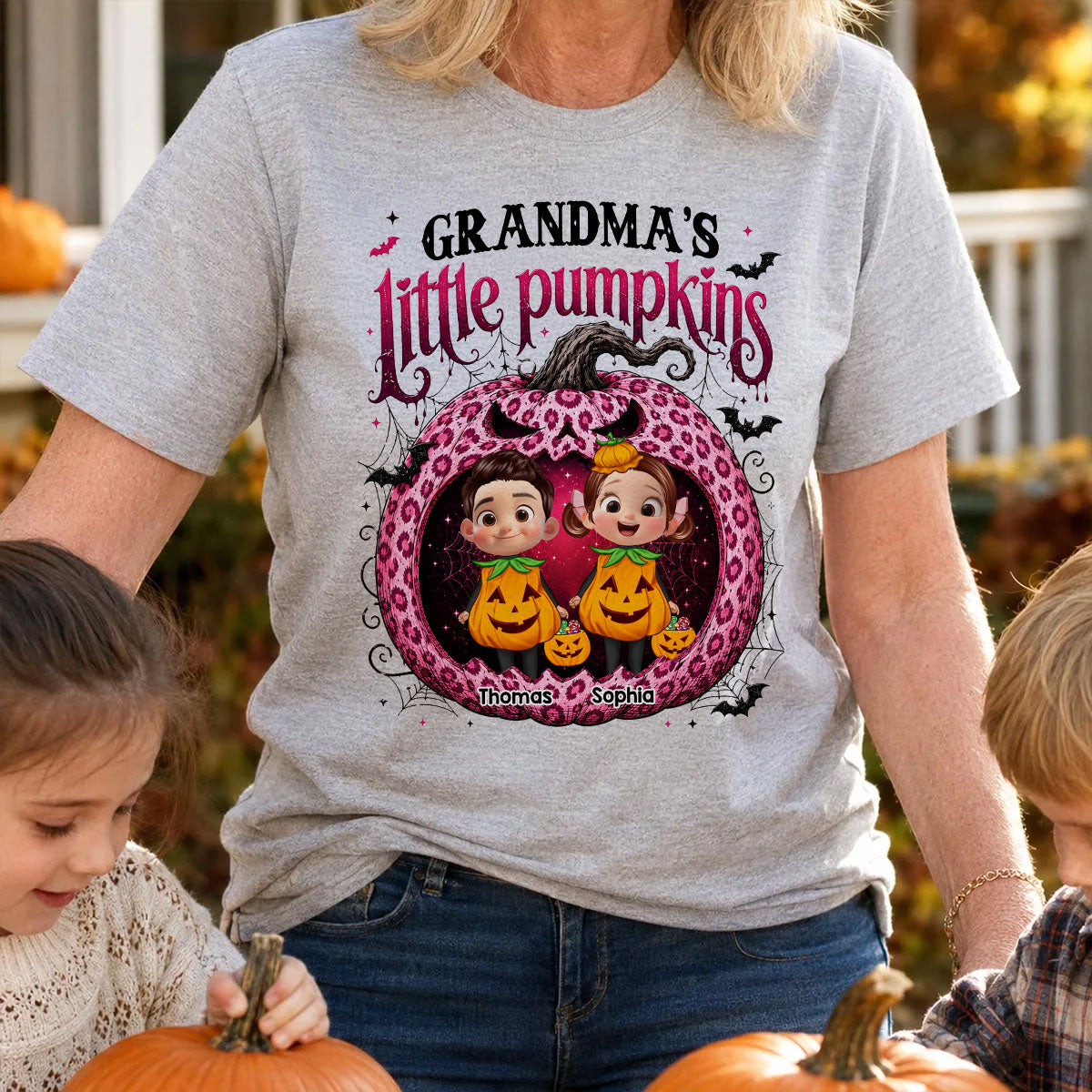 Grandma's Little Pumpkins Jack O Lantern - Personalized Shirt - Trendy Halloween Tee for Grandma