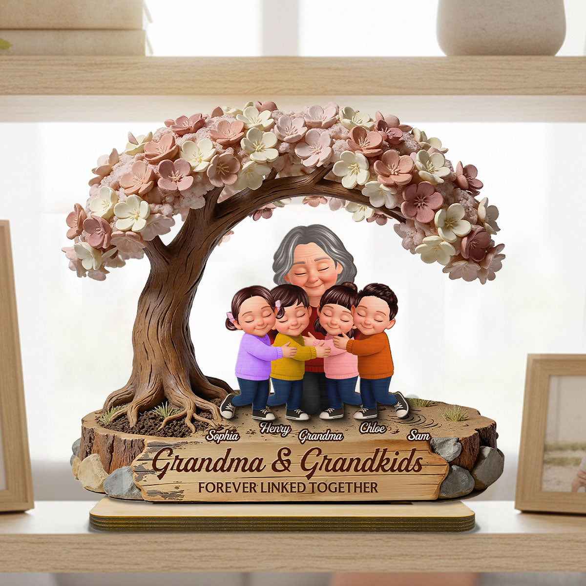 Grandma And Grandkids Under Blossom Tree - Personalized 2-Layered Wooden Plaque - Gift For Mom