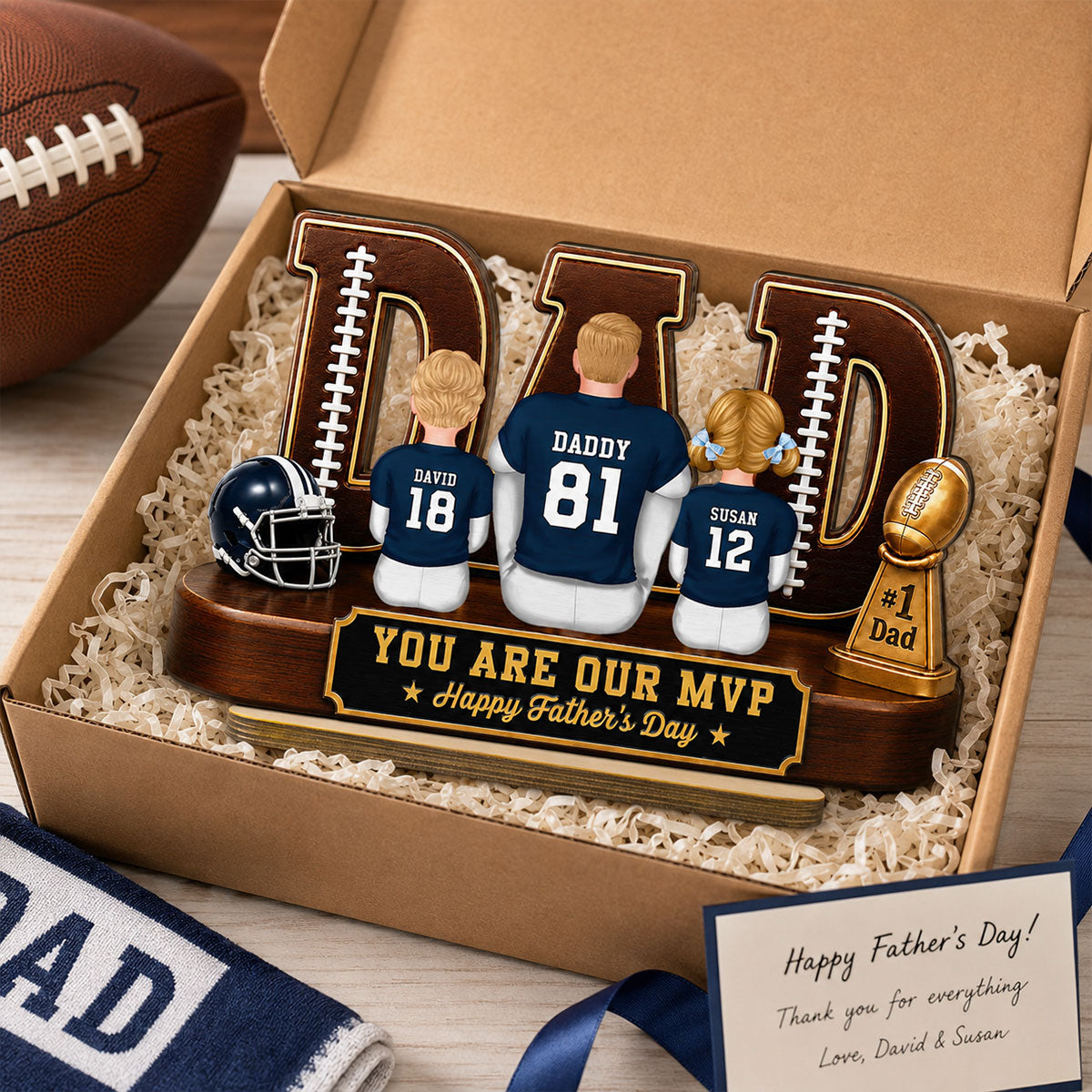 American Football Dad Legend Daddy's Dream Team - Personalized 2-Layered Wooden Plaque - Unique Trending Birthday Gift For Dad, Husband, Football Fans
