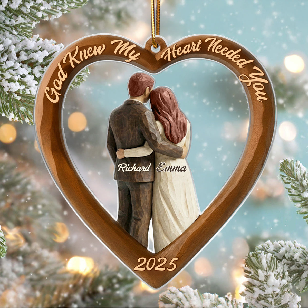 Couple Heart Christmas Faux Wood - Personalized Acrylic Ornament - Unique Christmas Gift For Grandma, Grandpa, Old Couple