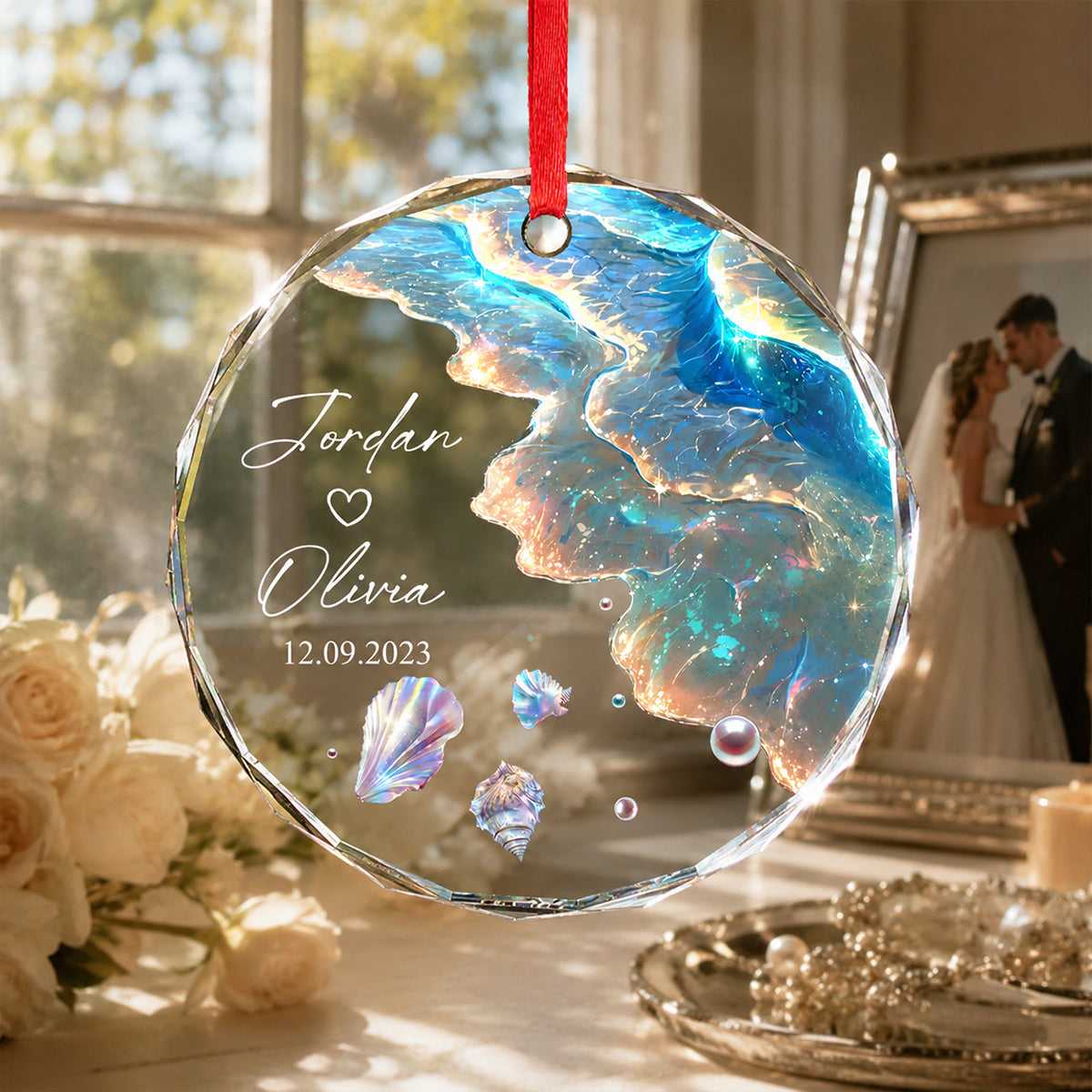 Ocean Wave Custom Engagement Wedding Gift for Couple - Personalized Glass Ornament - Mermaid Tail Keepsake, Mr & Mrs Anniversary Present