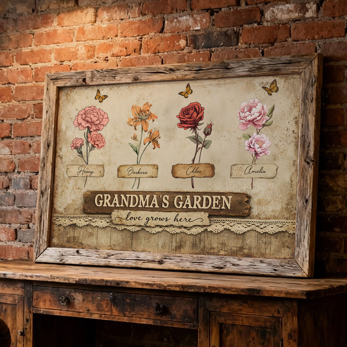 Retro Vintage Lace Pattern Grandma's Garden Birth Month Flowers - Personalized Poster - Mother's Day Gift For Grandma, Mom