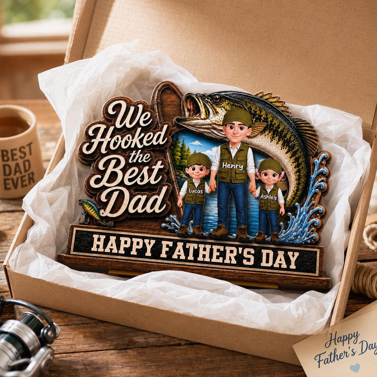 We Hooked The Best Dad Fishing Man & Kids 2D Flat - Personalized 2-Layered Wooden Plaque -  Gift For Fishing Dad