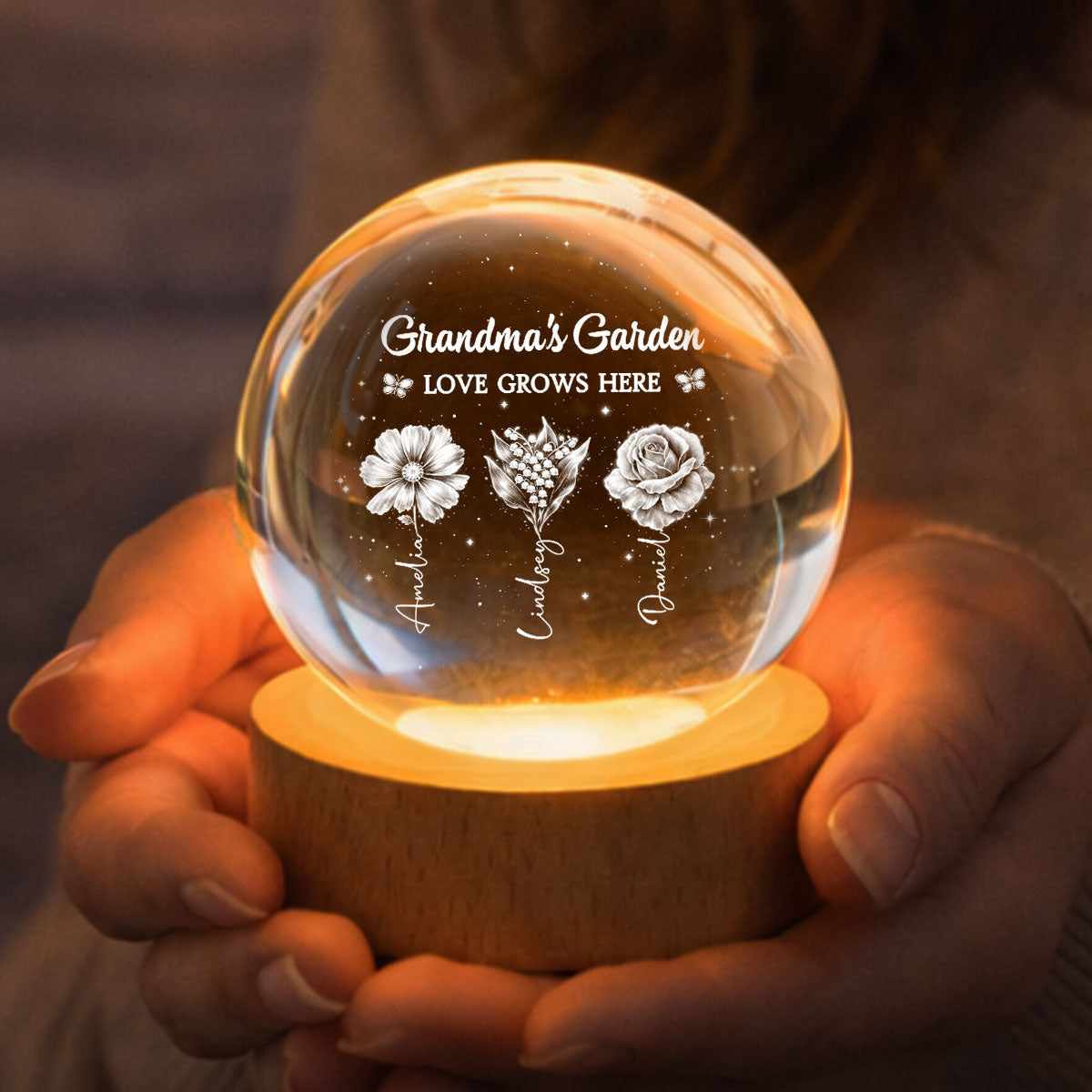 Grandma's Garden Custom Birth Month Flower - Personalized Crystal Ball LED Night Light - Sentimental Gift for Grandma