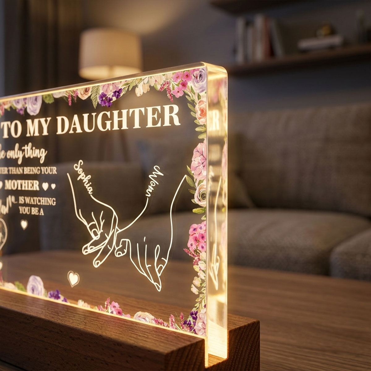 To My Daughter Mom And Daughter Holding Hands Custom Kids Names - Personalized Acrylic Block LED Night Light - Mother's Day Gift For Daughter