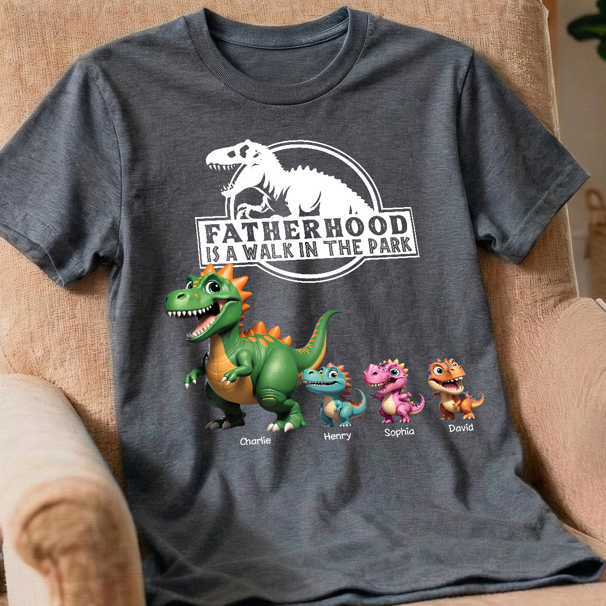 Fatherhood Is A Walk In The Park Cartoon Dinosaurs - Personalized Shirt - Father's Day Gift For Husband, Dad