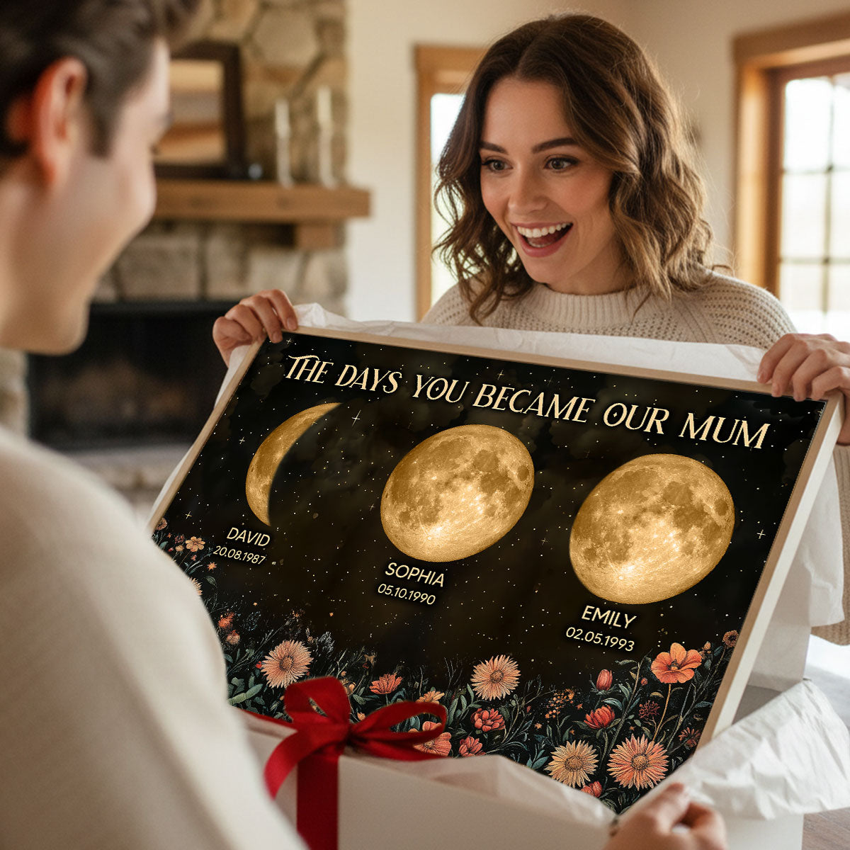 Vintage Flowers The Day You Become Mum Mom Grandma Custom Title And Nickname And Birth Moon Phase - Personalised Poster - Mother's Day Gift For Mum, Grandma
