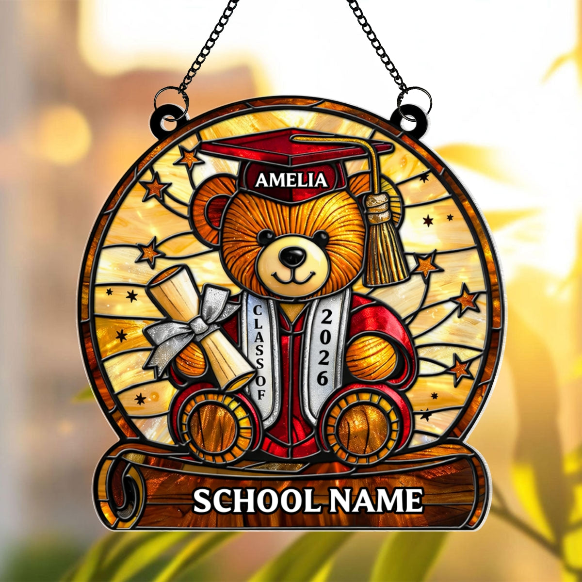 Graduation Teddy Bear With Diploma And Cap - Personalized Suncatcher - Gift For Senior