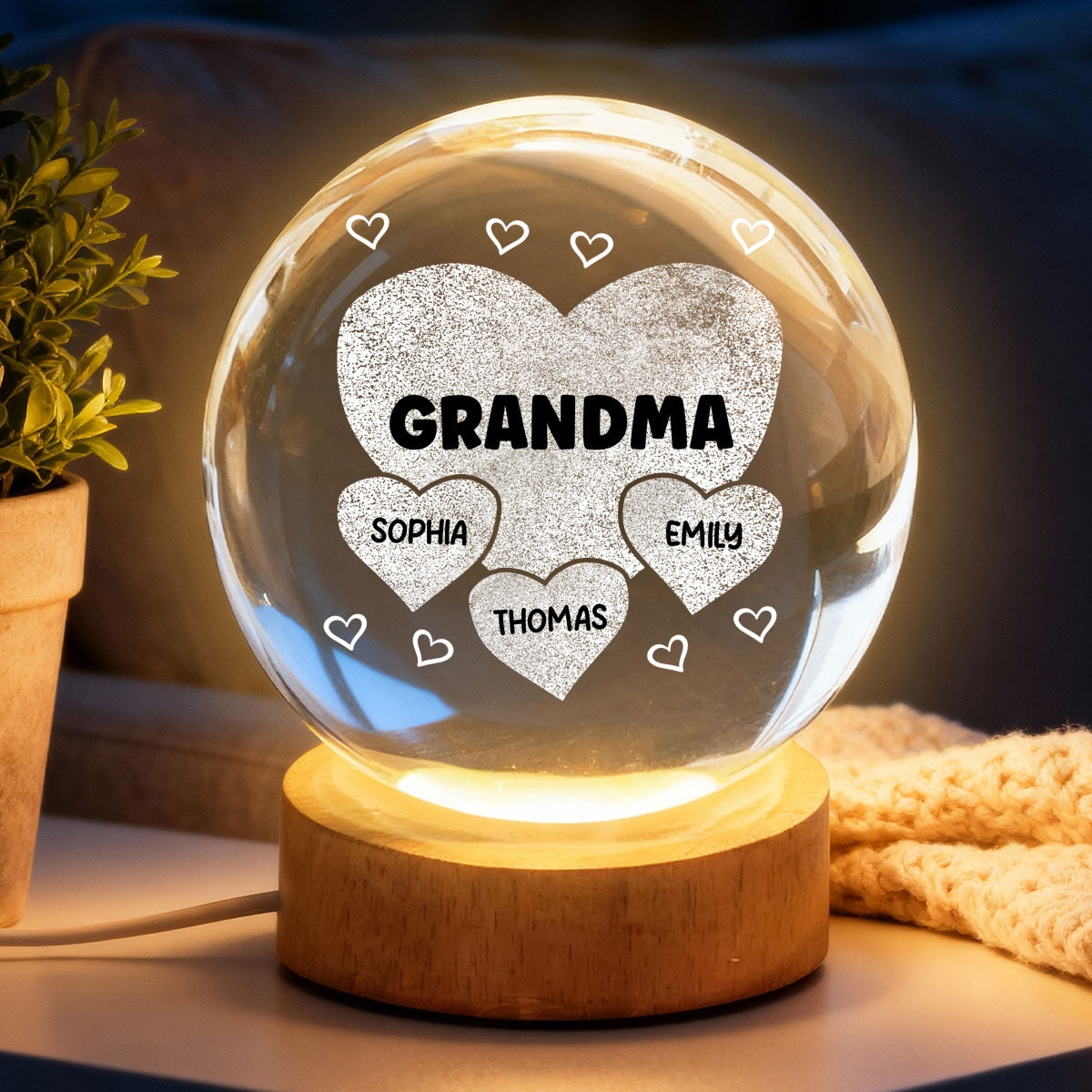 Grandma Mom Hearts Custom Kids Names - Personalized Crystal Ball LED Night Light - Gift For Grandma, Mom