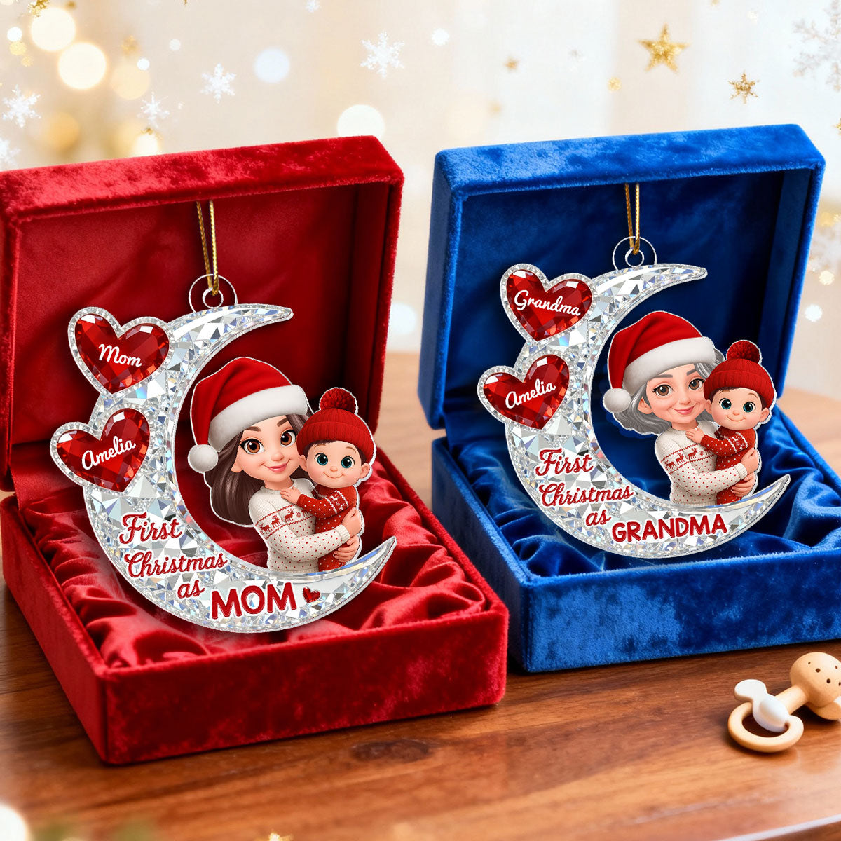 3D Effect Flat Moon First Christmas With New Baby - Personalized Acrylic Ornament - Christmas Gift For New Grandma, New Mom