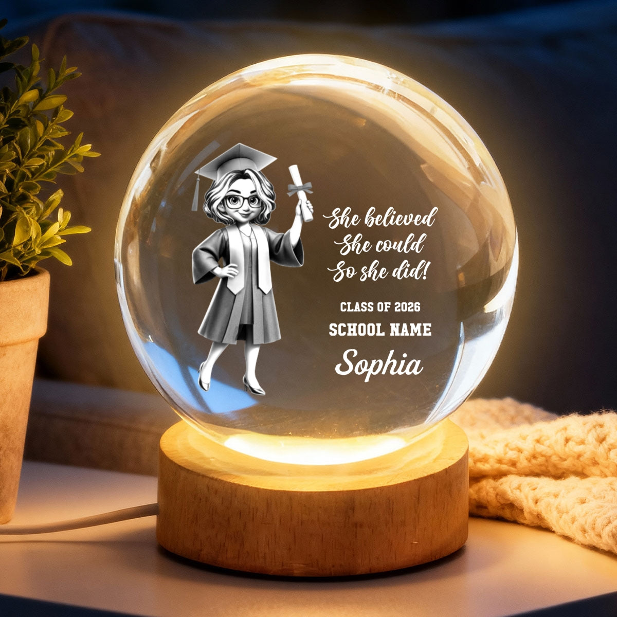 Senior She Believed She Could So She Did It- Personalized Crystal Ball LED Night Light - Graduation Gift For Graduates, Daughter, Son
