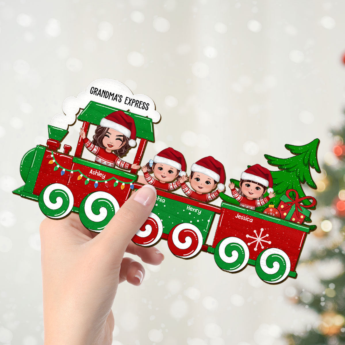 Cute Kids On Christmas Train Personalized 2-Layer Standing Wooden Plaque