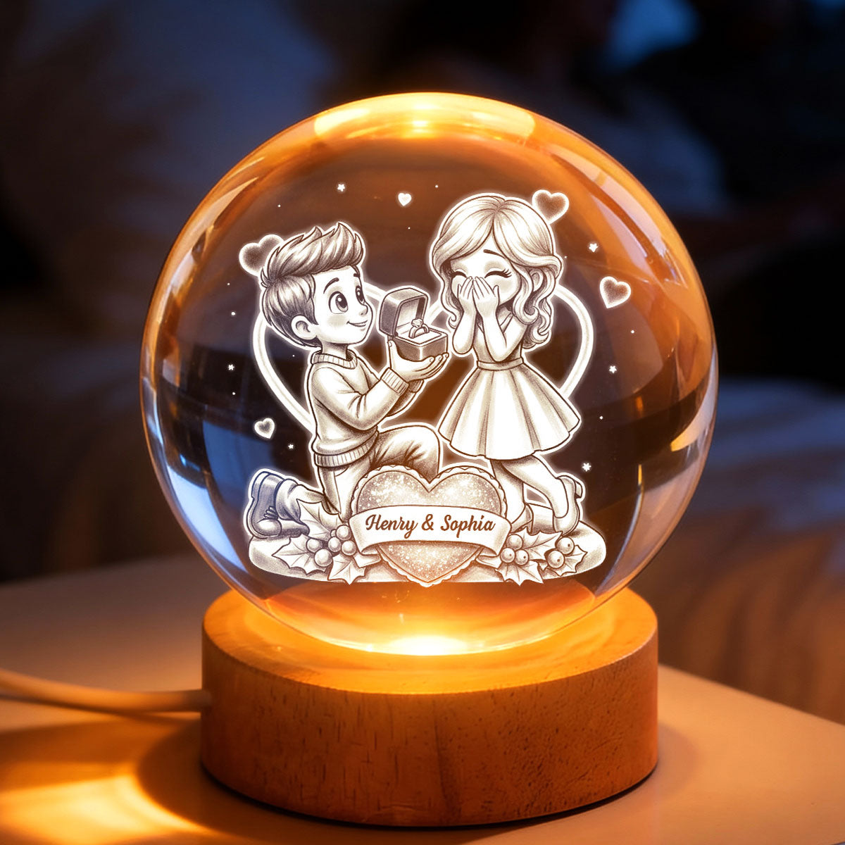 Marriage Proposal Valentine - Personalized Crystal Ball LED Night Light - Anniversary, Valentine's Day Gift, Gift For Him, Gift For Her