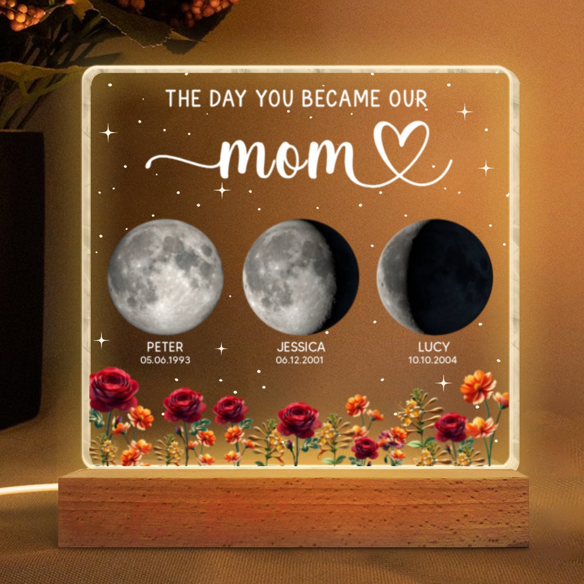 The Day You Became Our Mom, Custom Moon Phase by Date - Personalized Acrylic Block LED Night Light, Custom Birth Flowers, Mother's Day Gift for Mom