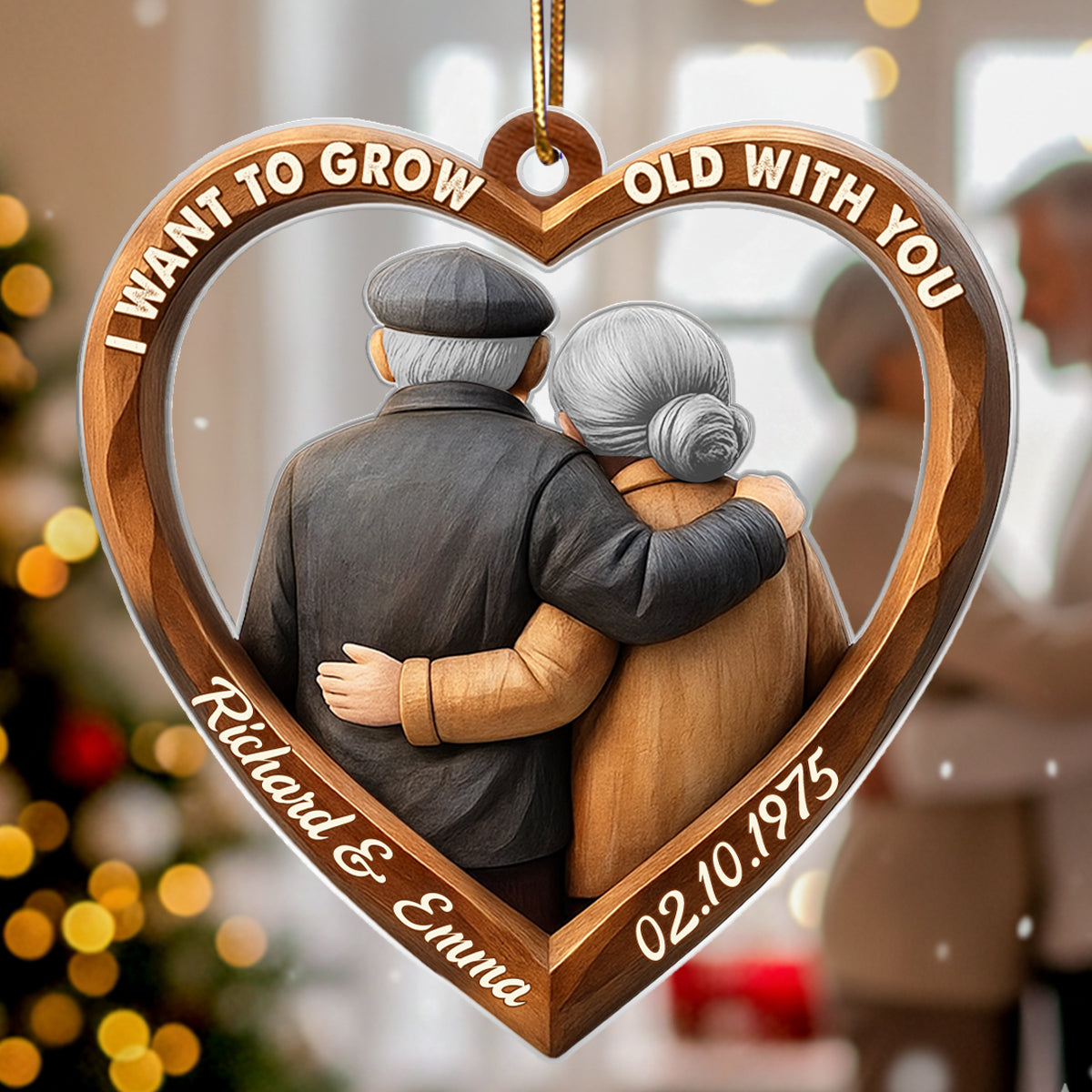3D Effect Wooden Couple Growing Old Together - Personalized Acrylic Ornament - Christmas Gift for Couples