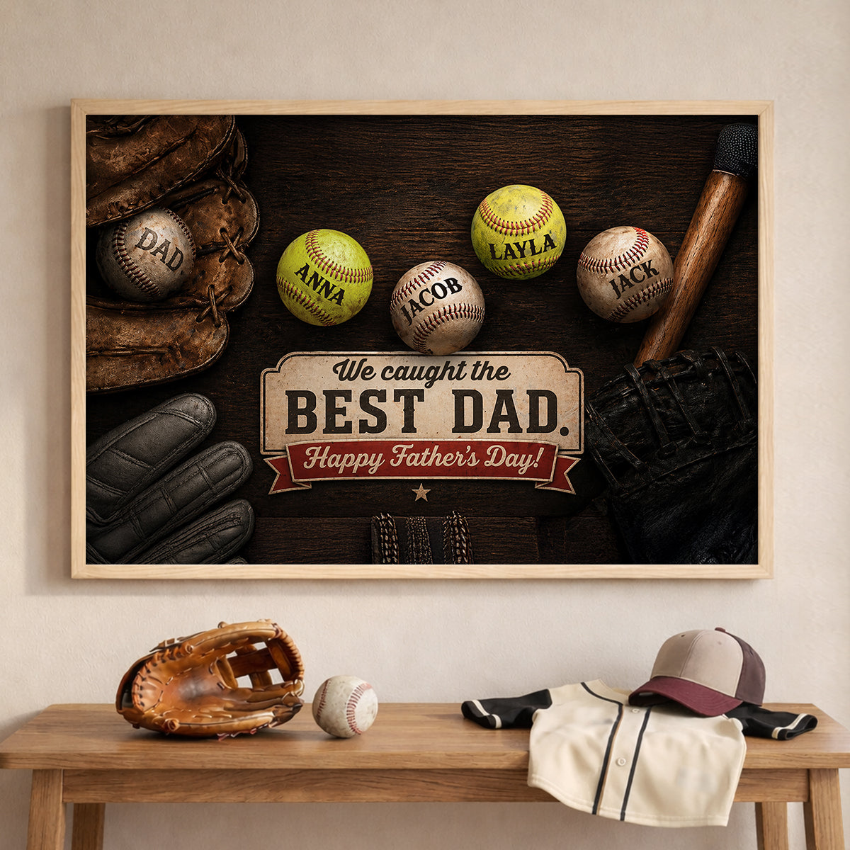 Baseball Dad and Children - Personalized Poster - Father's Day Gift for Dad, Husband
