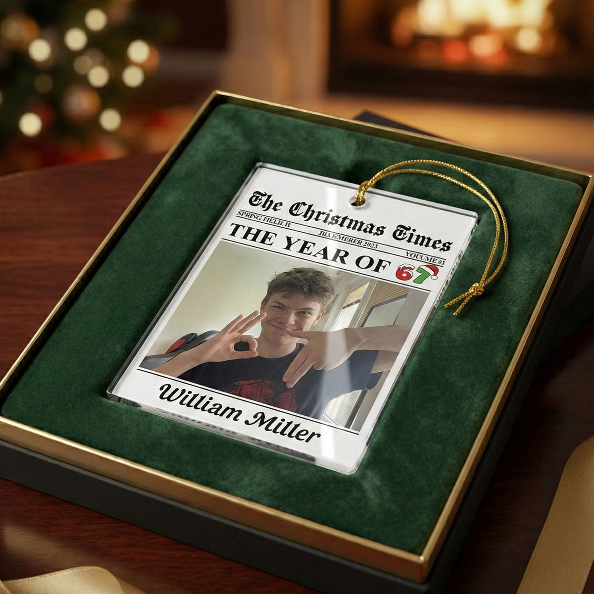 Custom Photo Newspaper Style 2025 Trending Slang Christmas 67 Six Seven - Personalized Acrylic Ornament - Funny Christmas Gift For Teen, Grandkid, Gen Alpha