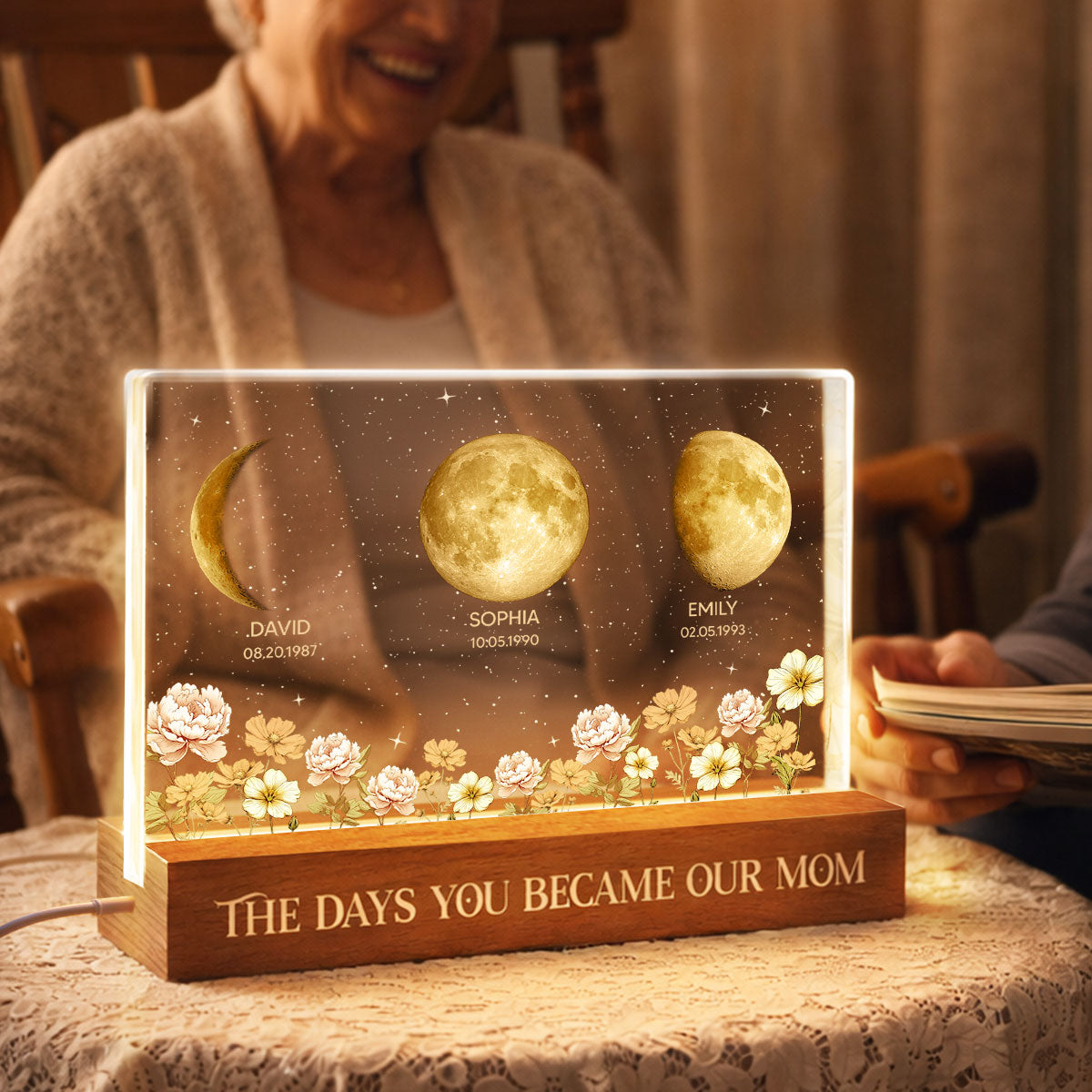 The Day You Became Our Mom Custom Moon Phase by Date - Personalized Acrylic Block LED Night Light, Custom Birth Flowers