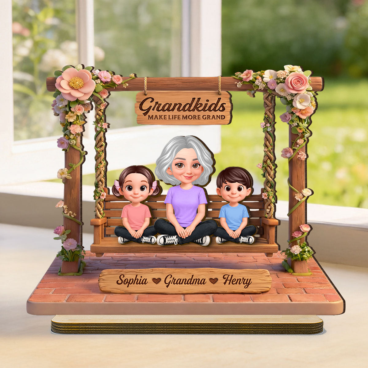 Where Love Gently Swings Grandma Grandkids - Personalized 2-Layered Wooden Plaque - Gift For Grandma