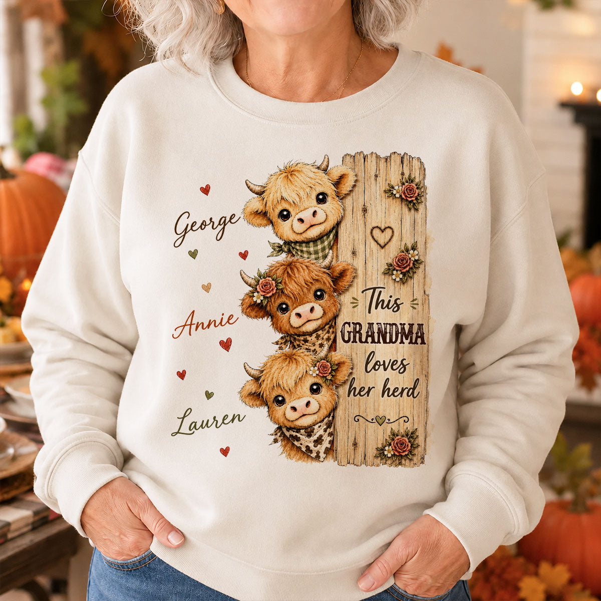 This Grandma Loves Her Herd Highland Cow - Personalized Shirt - Cozy Fall Shirt for Grandma