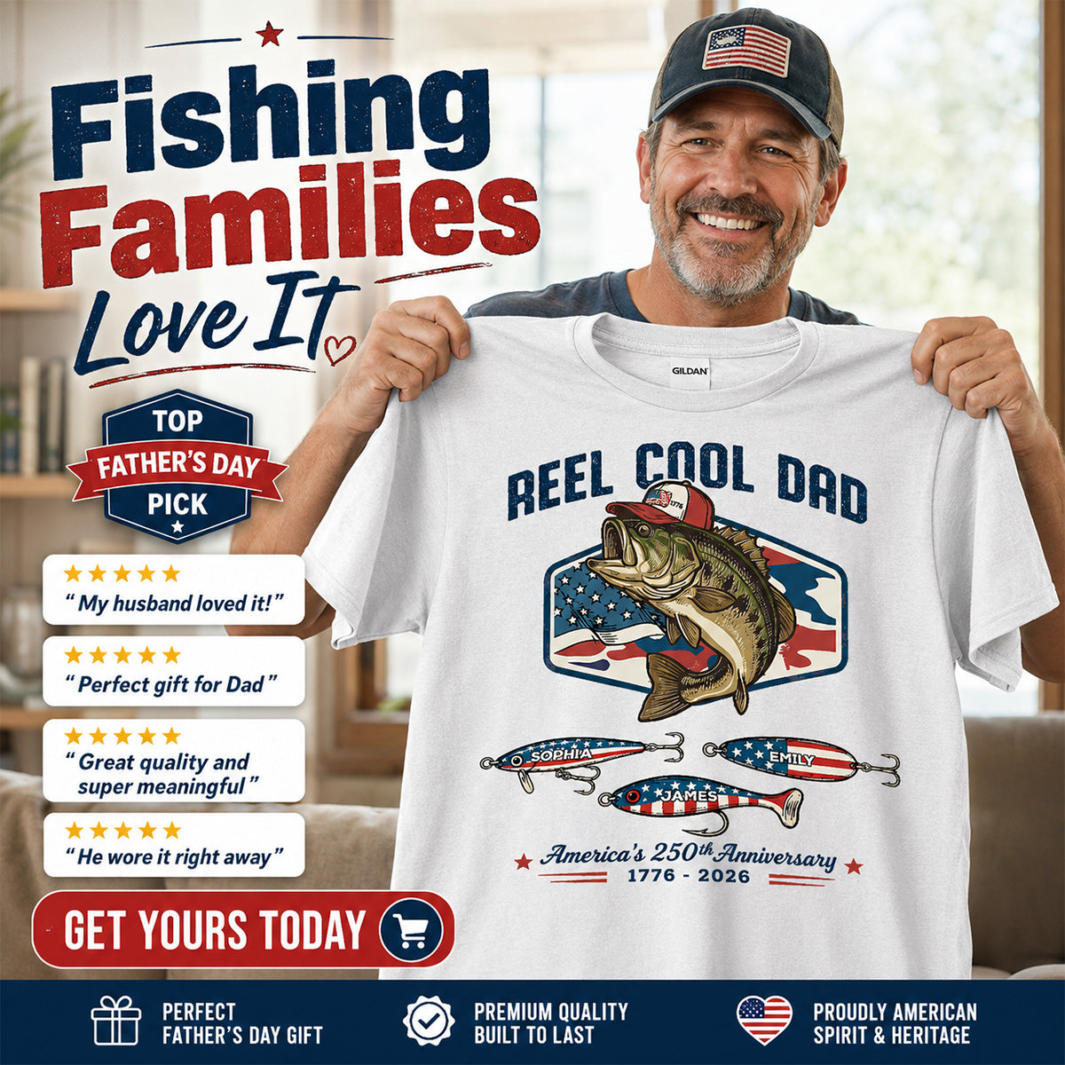 Reel Cool Dad Grandpa Custom Kid Names - Personalized Shirt - American 250th Anniversary Gift For Patriotics
