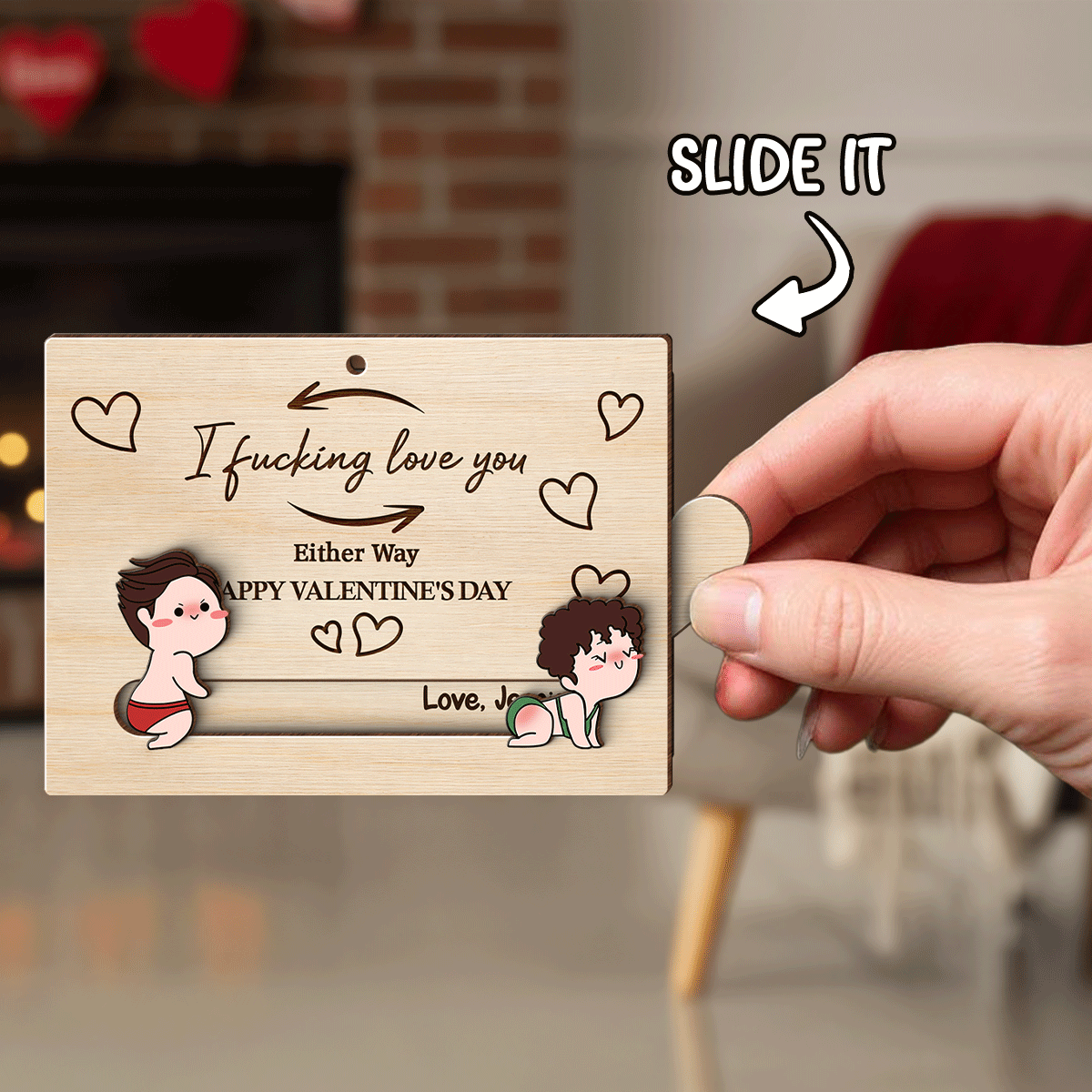 I Fcking Love You Funny Inappropriate Couple Cartoon Style - Personalized Wooden Slider Ornament - Valentine's Day Gift For Him, For Her