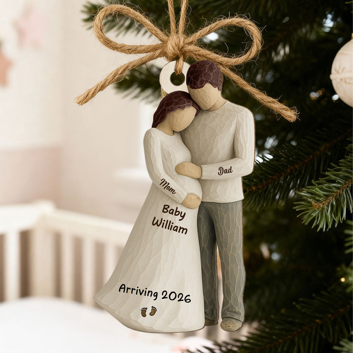 3D Effect Baby Arriving - Personalized Wooden Ornament - Couple Expecting, Pregnancy Keepsake