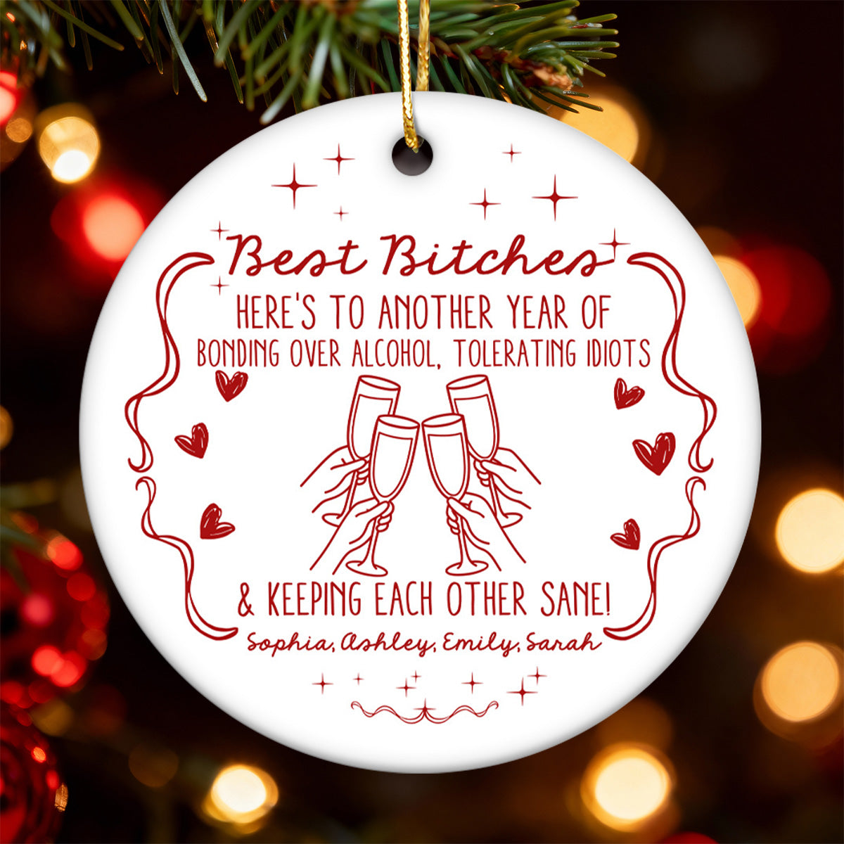 Christmas Red Tone Funny Besties - Personalized Ceramic Ornament - Gift For Best Friends