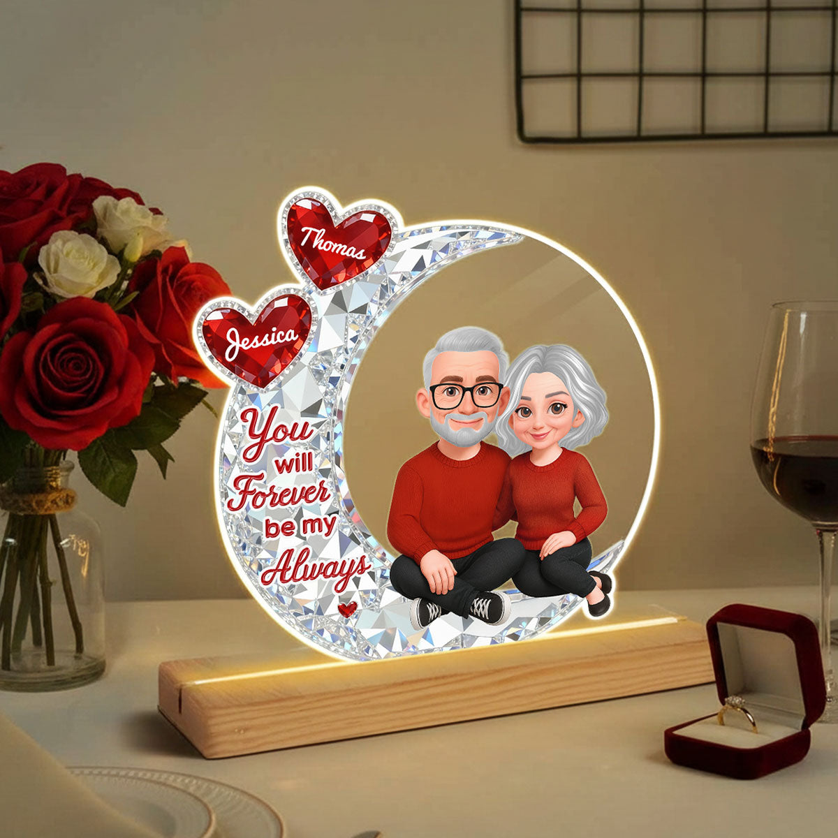 Eternal Love Couple Sitting On Moon - Personalized Plaque LED Night Light - Heartfelt Gift For Couple, Gift For Him, For Her